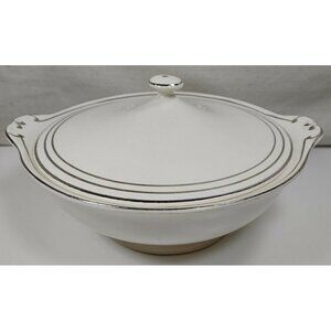 Vintage Grecian Ivory By Paden City Silver Trim White Serving Bowl With Lid